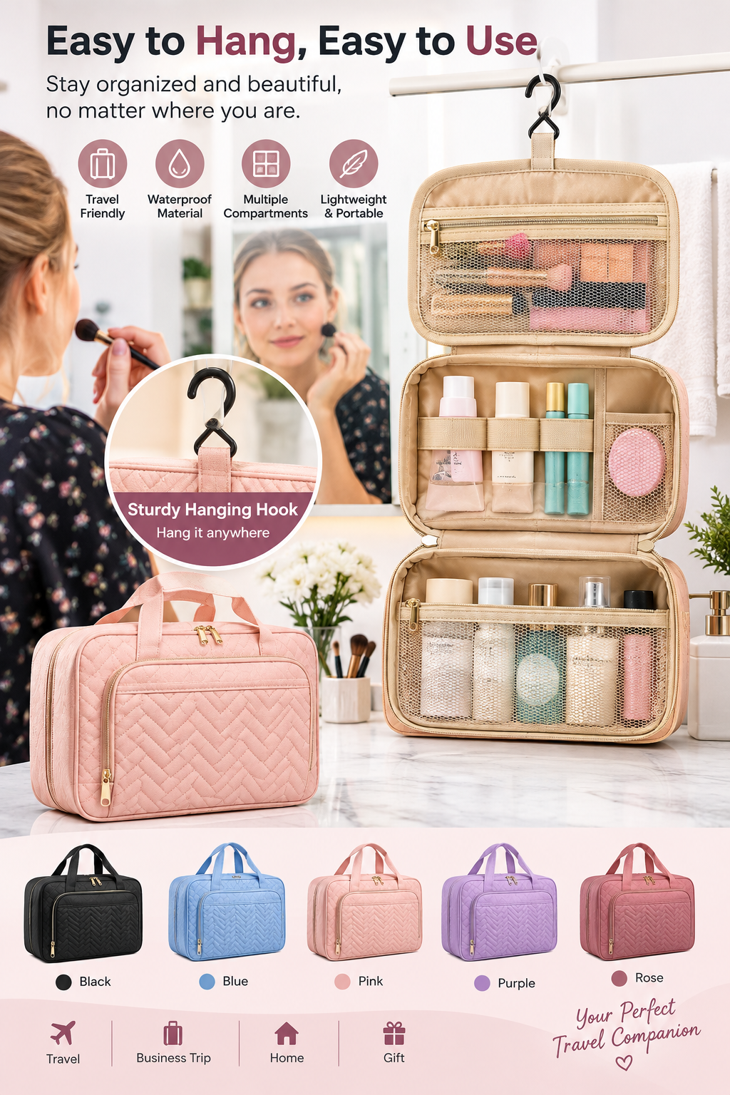 Large Travel Cosmetic Bag with Waterproof Hanging Hook