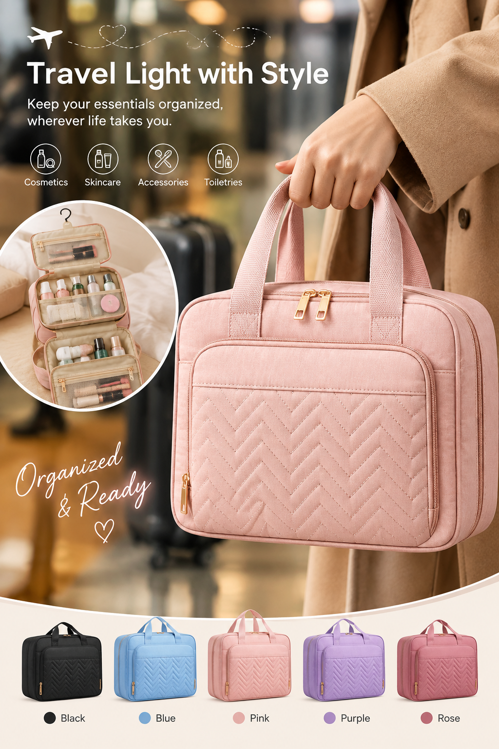 Large Travel Cosmetic Bag with Waterproof Hanging Hook